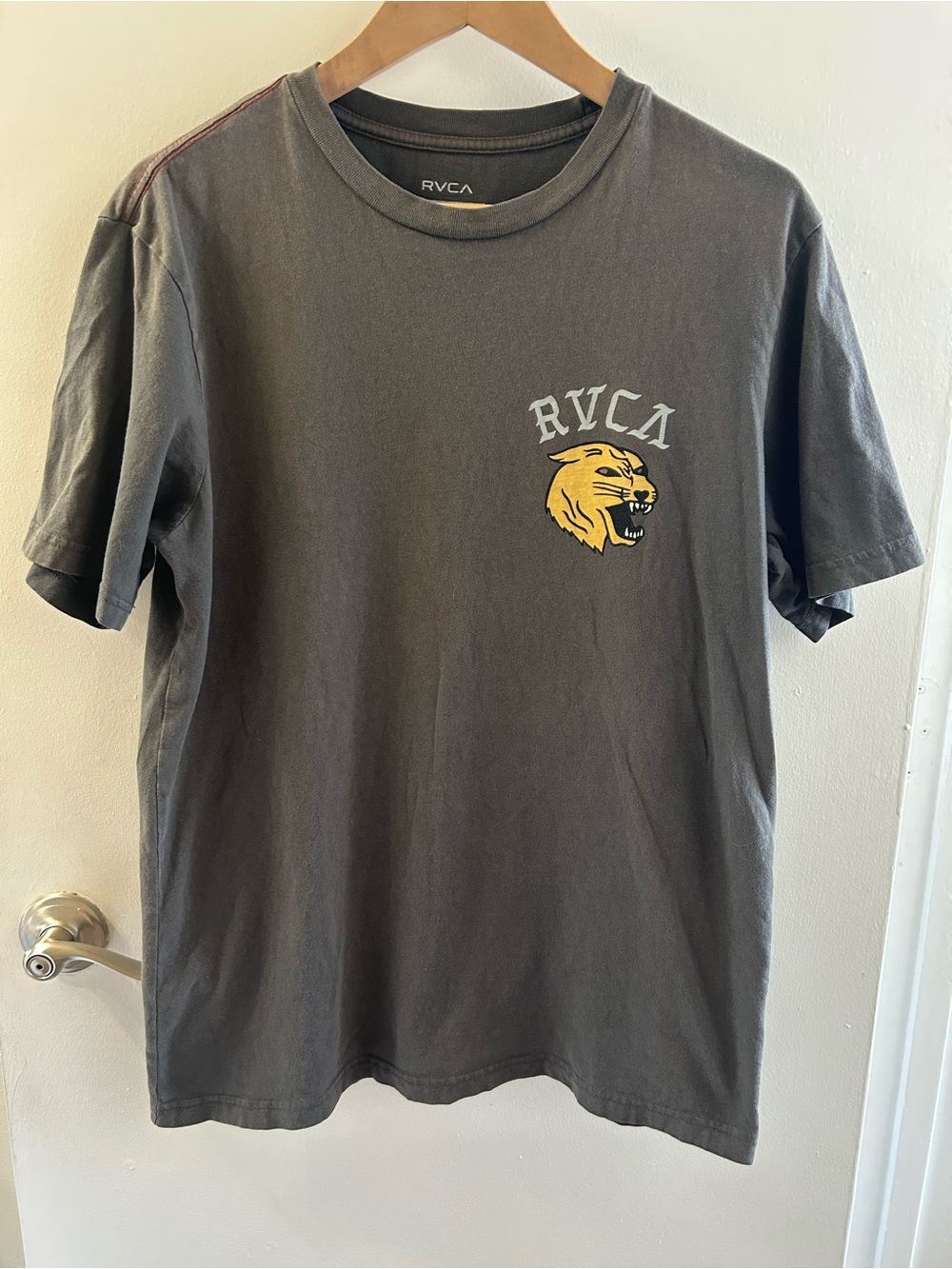 RVCA Charcoal Short Sleeve Tee with Yellow Panther Graphic
